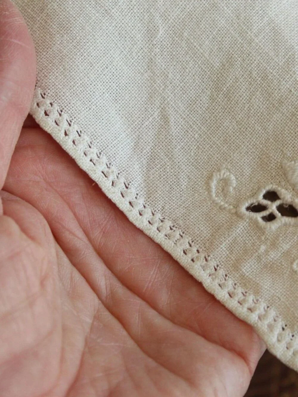 Vintage 1940s Cocktail or Tea Napkin, Ivory Linen with Madeira Fleur de Lis Embr